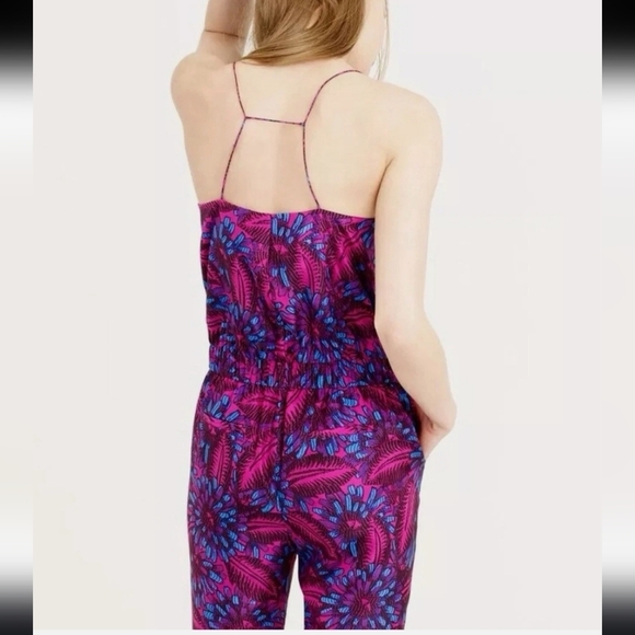 J. Crew Floral Midnight Fuchsia Purple Blue Silk Jumpsuit Strappy V-neck Size 0 - Picture 2 of 16